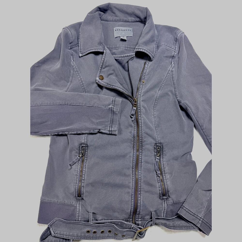 Marrakech Anthropologie Cotton Stretch Moto Jacket Gray Purple Zip Belted Sz M